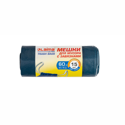 Мешки для мусора с завязками LAIMA "ULTRA", 60 л, синие, рулон 15 шт., особо прочные, ПСД 30 мкм, 60 х70 см